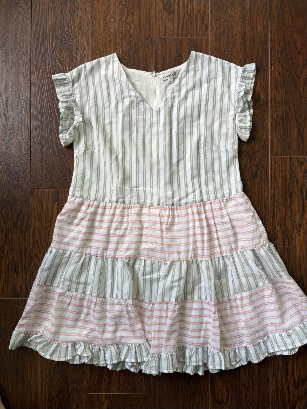 EUC Striped Ruffle Tiered Dress in Green & Pink